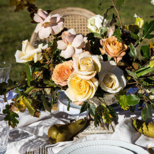 Corrina Tough Photography Chateau Cambayrac, Autumn Wedding table rust and cream coloured roses and pears