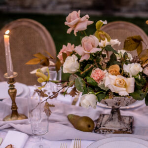 Corrina Tough Photography Chateau Cambayrac, Autumn Wedding table at dusk with pears and roses